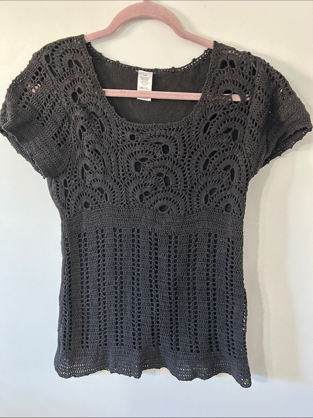 Avon Crochet Knit Top Women's L Black Bohemian 70's Empire Waist Short Sleeve